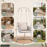 Silla colgante Skylo beige con estructura blanca y cojín en diferentes ambientes de hjh LIVING (imagen generada por IA)