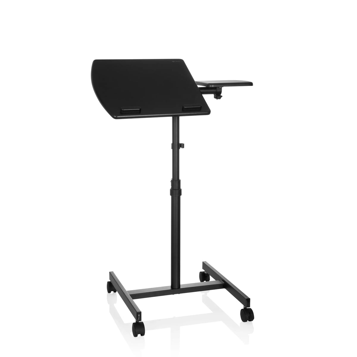 Escritorio de pie VM-SL negro con superficie de almacenamiento y base en forma de U con ruedas de hjh OFFICE – vista de 360° (vista frontal 16°)