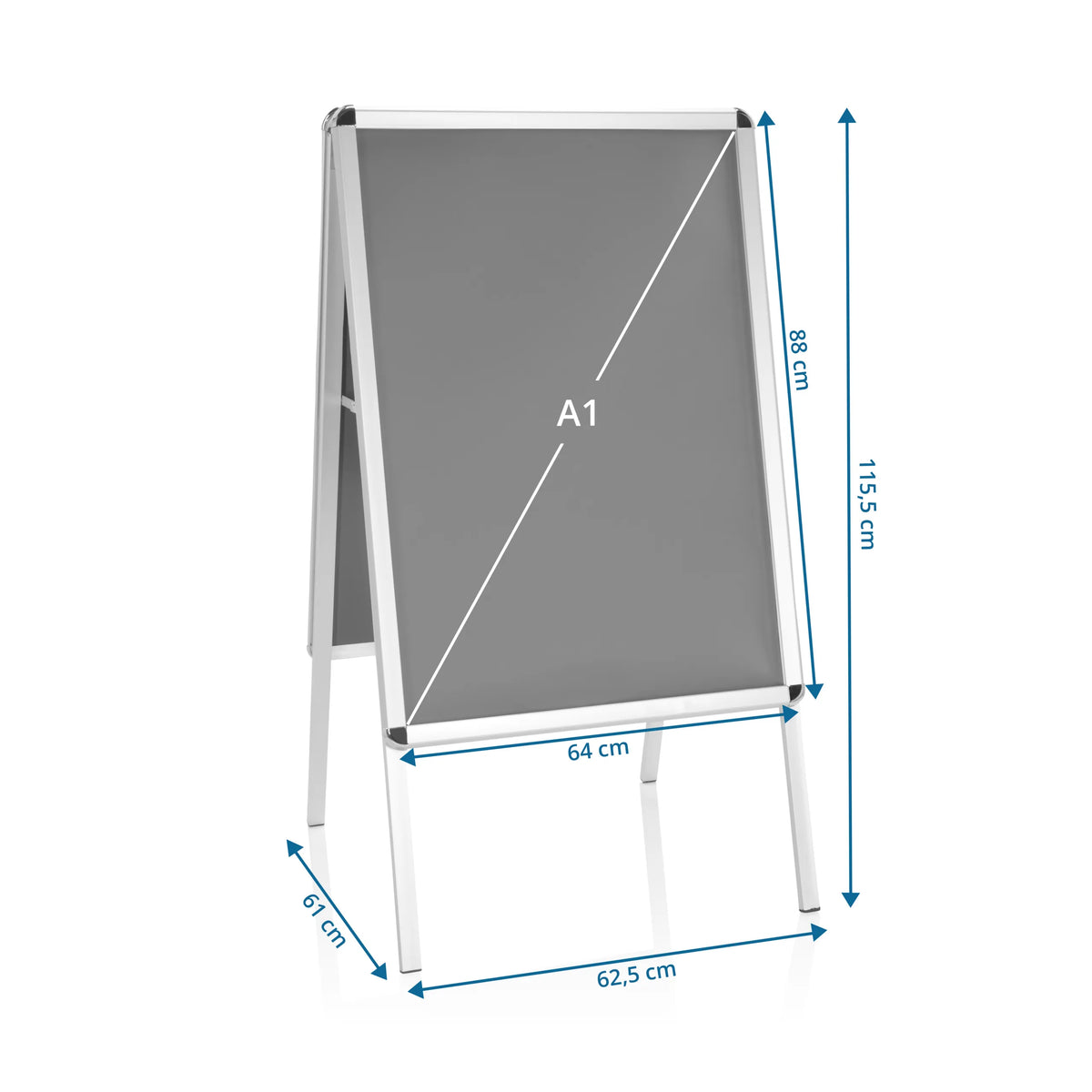 Dibujo dimensional del Soporte para carteles AGENDA II con una altura de 115,5 cm y una anchura de 64 cm de hjh OFFICE