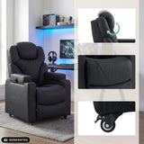Sillón de diseño Game Sport RX negro con vistas detalladas del reposacabezas y las ruedas de hjh OFFICE (imagen generada por IA)