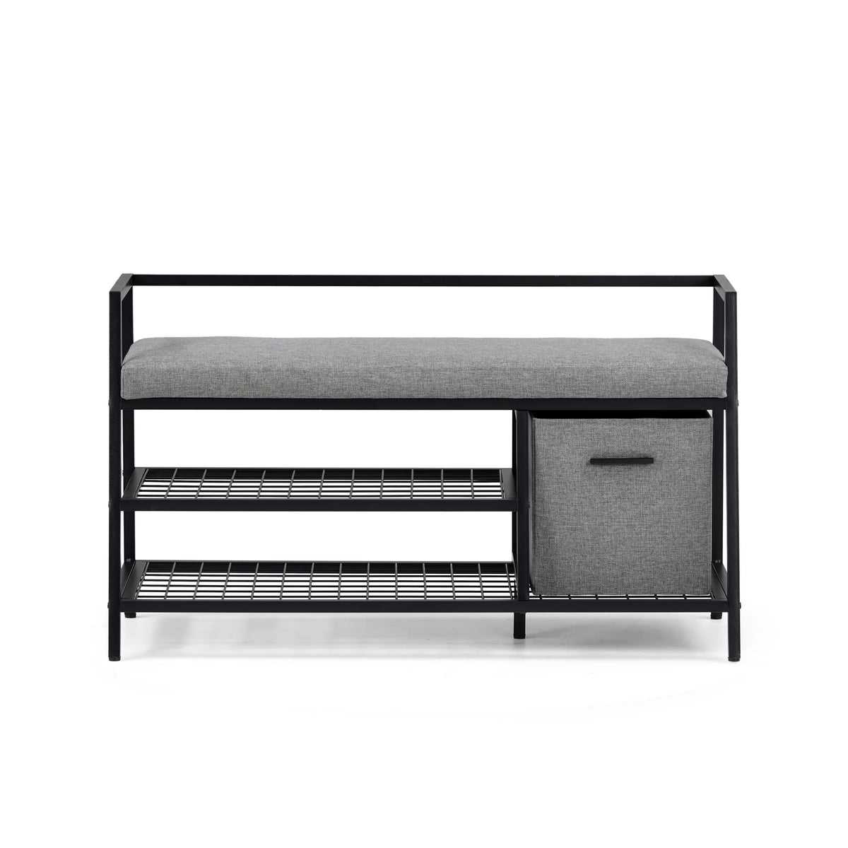 Armario zapatero Estha Loft en color negro gris con cojín para sentarse, dos estantes y un contenedor de tela de hjh LIVING – vista de 360° (vista frontal 0°)