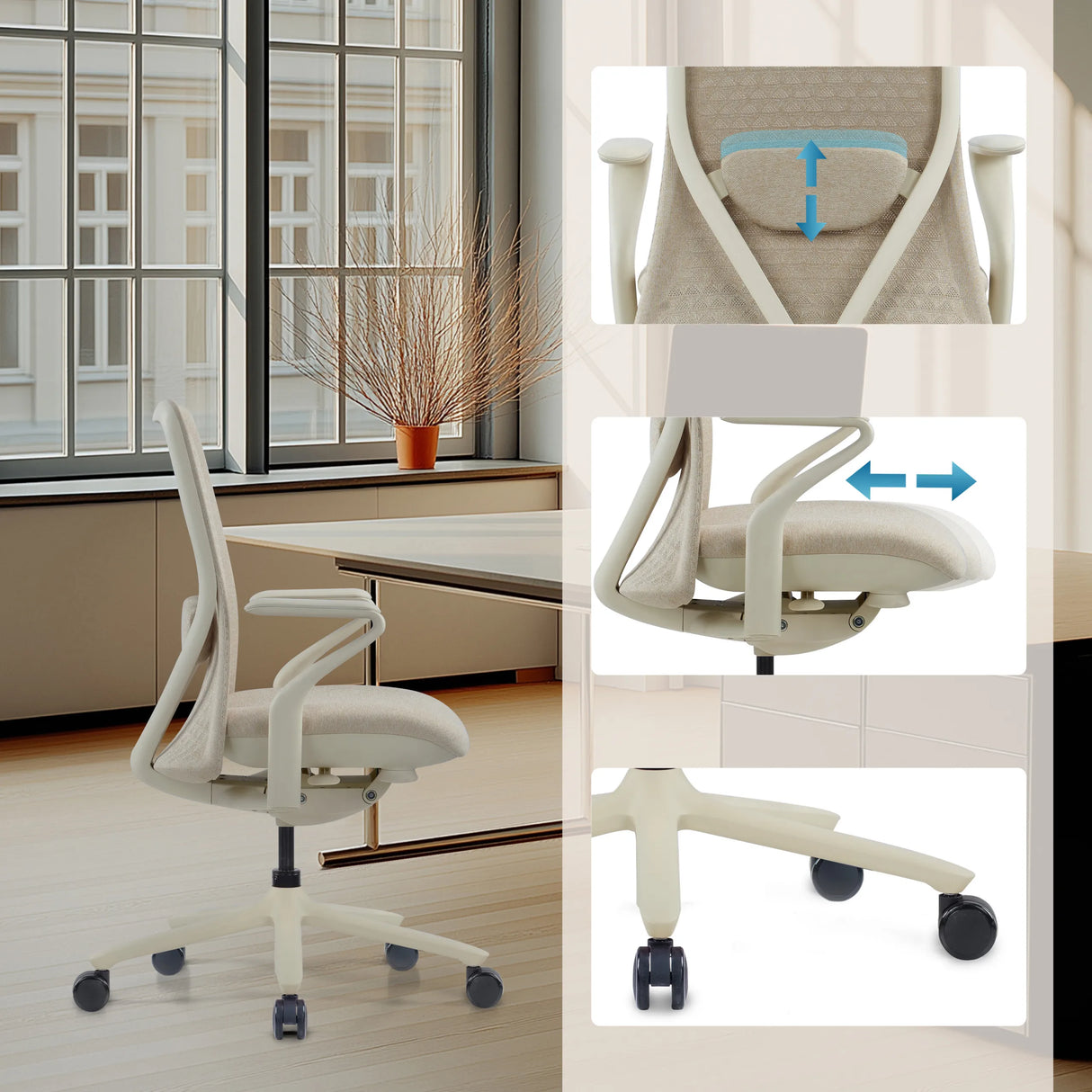 Silla alta gama VERVIO beige con reposacabezas y reposabrazos ajustables de hjh OFFICE