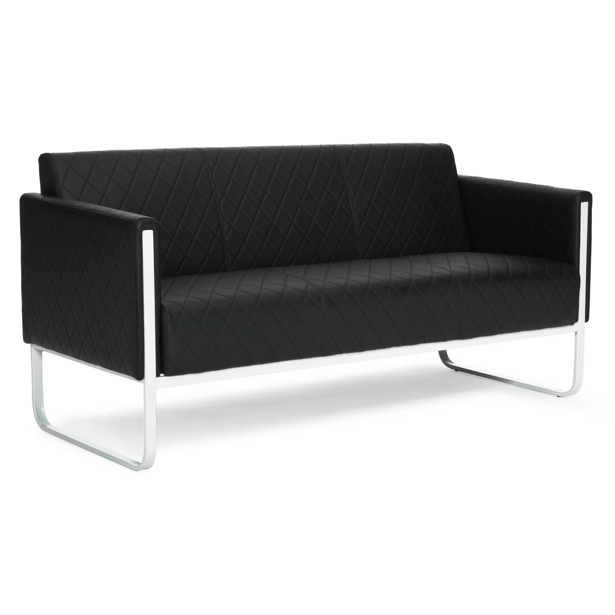 Sofá de diseño negro ARUBA STEP con costura de rombos y estructura de cromo de hjh OFFICE – vista de 360° (vista trasera 180°)
