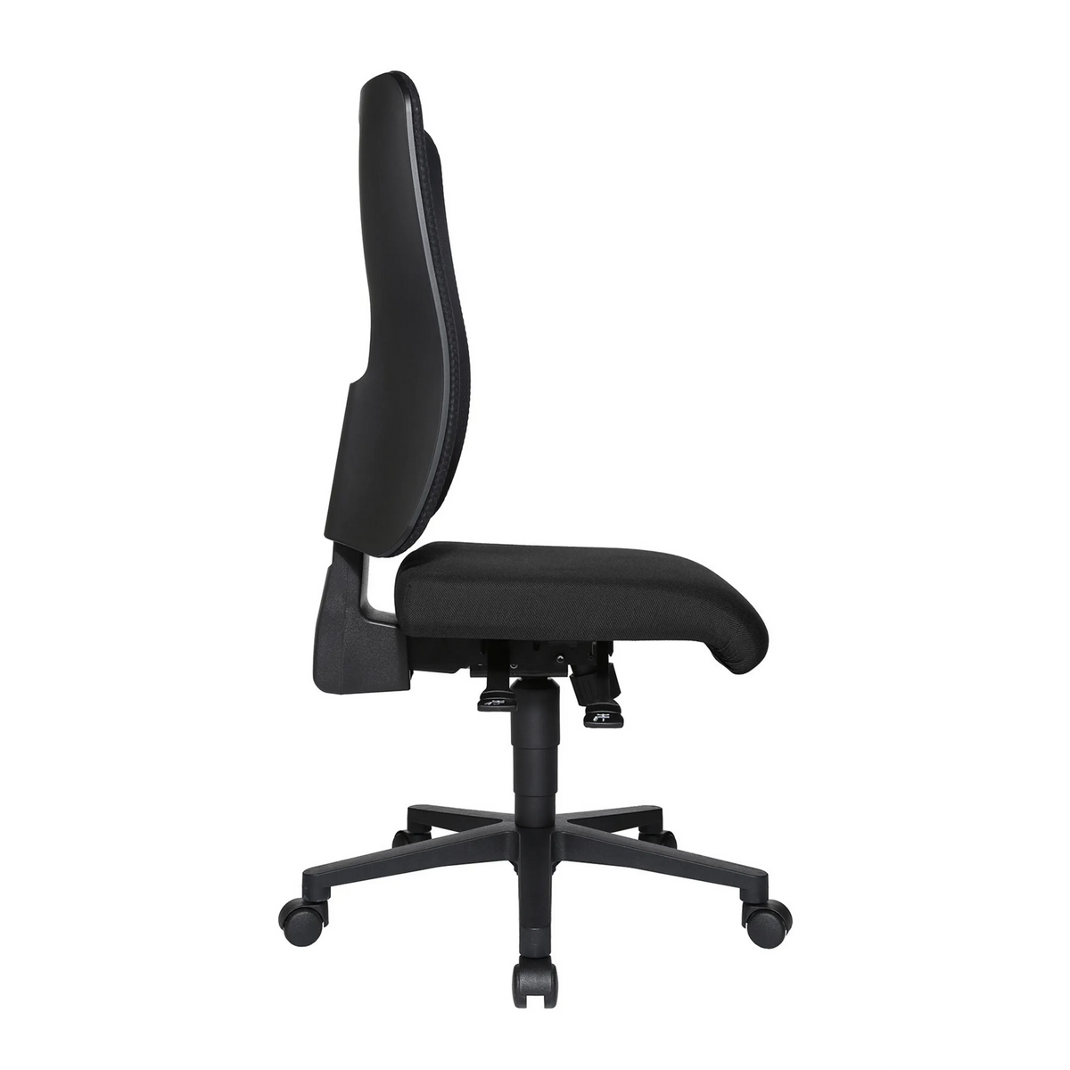 Silla de oficina profesional HJH WORK BASIC negra con respaldo de malla y base de cinco ruedas de Topstar – vista de 360° (vista trasera en diagonal 120°)