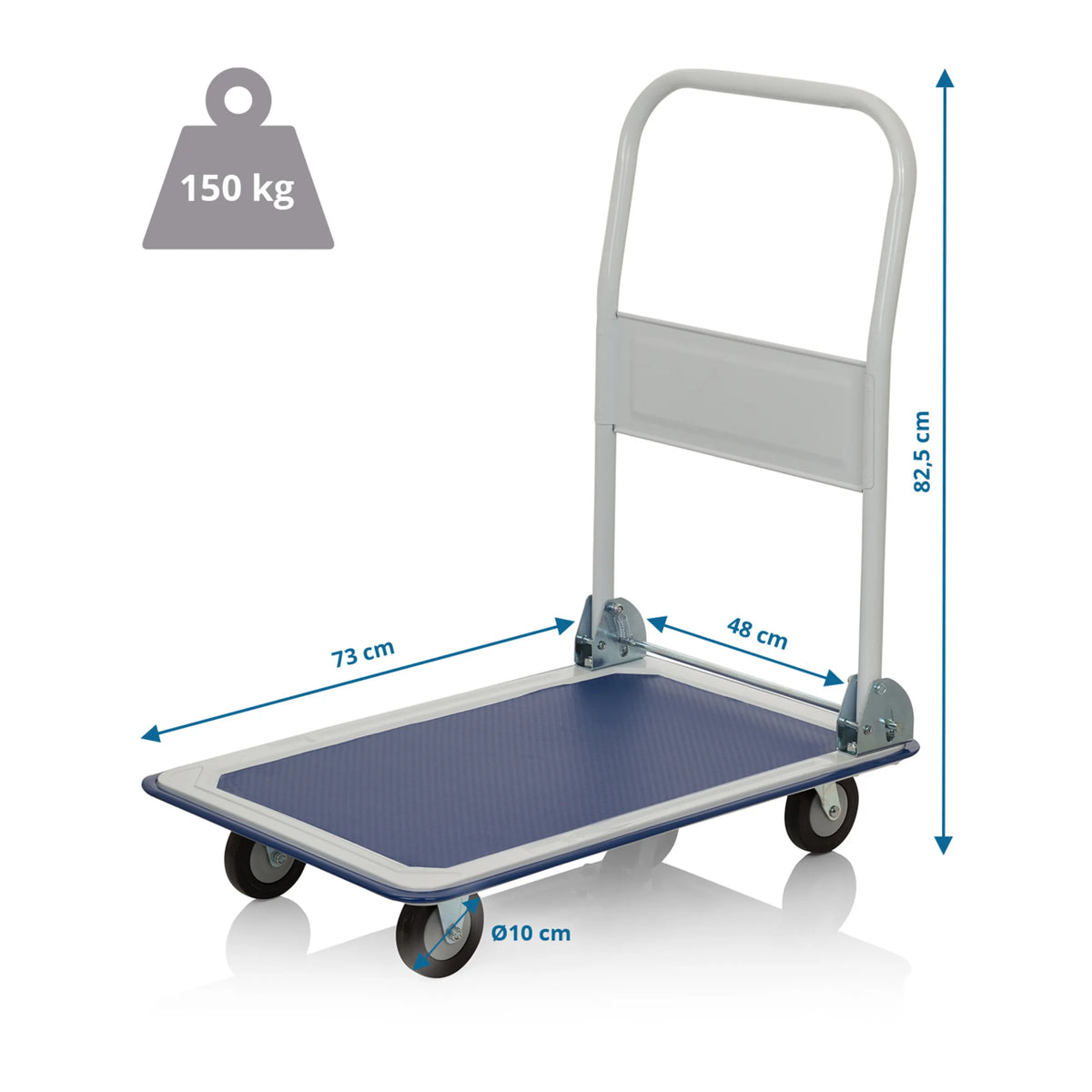 Dibujo dimensional de la carretilla de transporte CARRY con 73 x 48 cm y capacidad de carga de 150 kg de hjh OFFICE