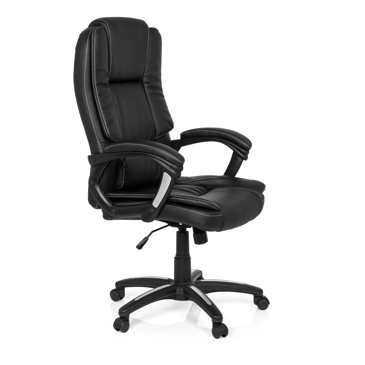 Silla Home Office RELAX CL120 negra con acolchado y base de cinco ruedas de MyBuero – vista de 360° (vista frontal en diagonal 60°)