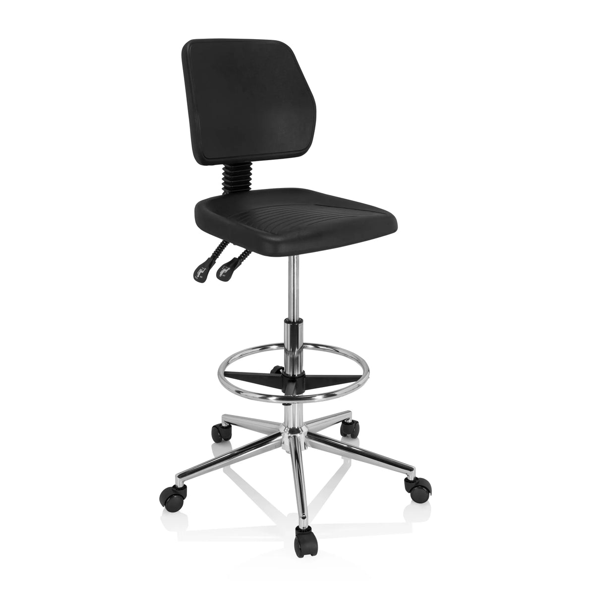 Silla de mostrador negra TOP WORK 11 I con aro reposapiés y base de cinco ruedas de hjh OFFICE – vista de 360° (vista frontal en diagonal 40°)