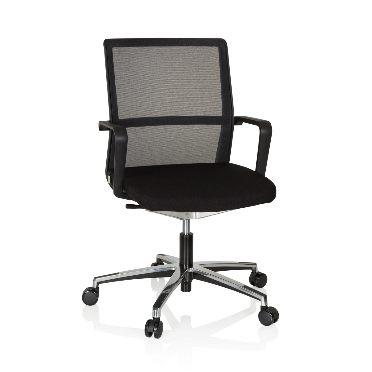 Silla de oficina profesional MOVE-TEC NET 3D negra con respaldo de malla y base de cinco ruedas de hjh OFFICE – vista de 360° (vista frontal 20°)