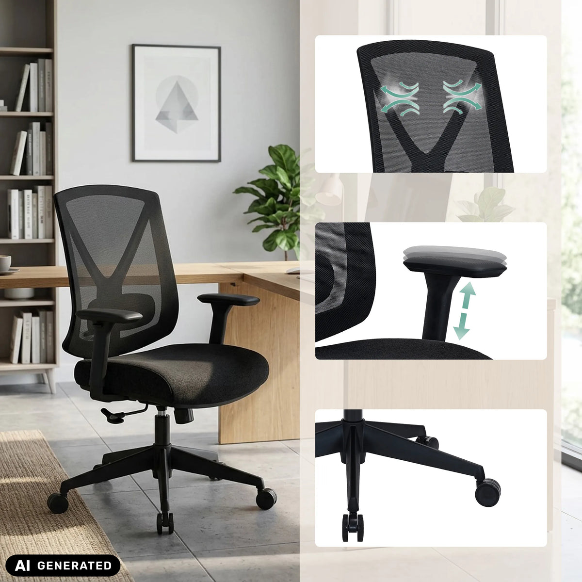Silla de oficina profesional Mirou en negro con respaldo de malla, reposabrazos ajustables y base de estrella de hjh OFFICE (imagen generada por IA)