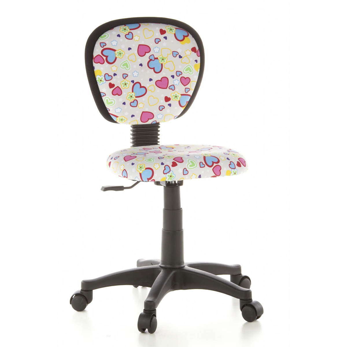 Silla giratoria para niños KIDDY TOP con estampado colorido de corazones y flores y base de cinco ruedas de hjh OFFICE – vista de 360° (vista frontal 20°)