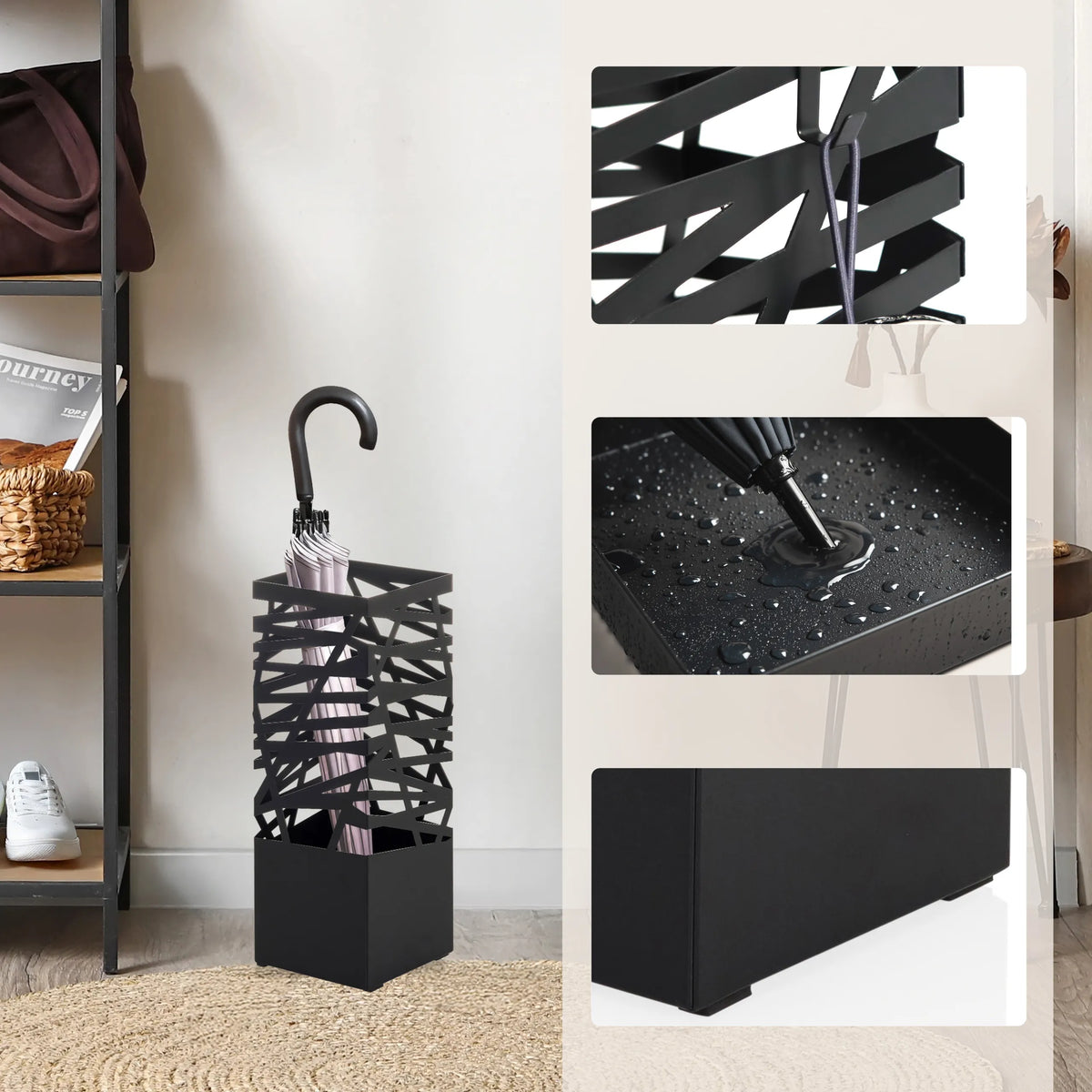 Soporte para paraguas PLUVARIS como Accesorios en color negro con estructura de rejilla y bandeja de goteo de hjh LIVING