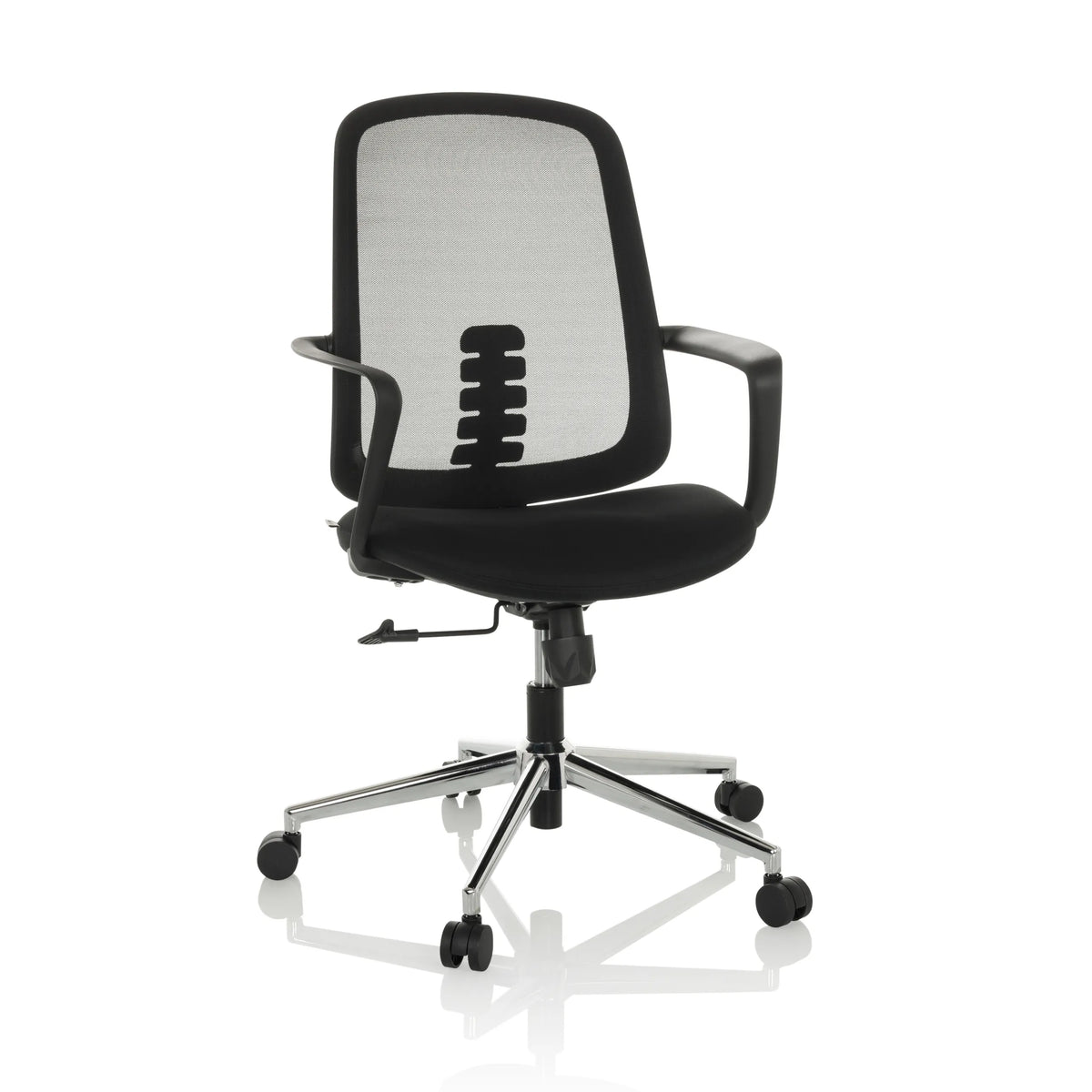 Silla Home Office SEDIOLO B negra con respaldo de malla y base de cinco ruedas de hjh OFFICE – vista de 360° (vista frontal en diagonal 30°)