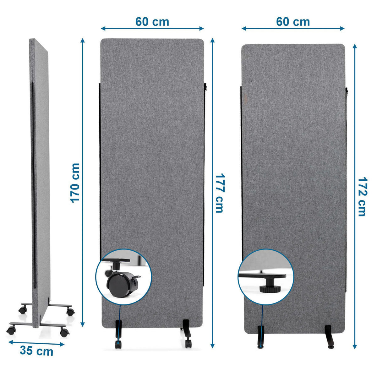 Plano dimensional del separador FLEXMIUT de 177 × 60 cm y ruedas de hjh OFFICE