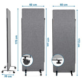 Plano dimensional del separador FLEXMIUT de 177 × 60 cm y ruedas de hjh OFFICE
