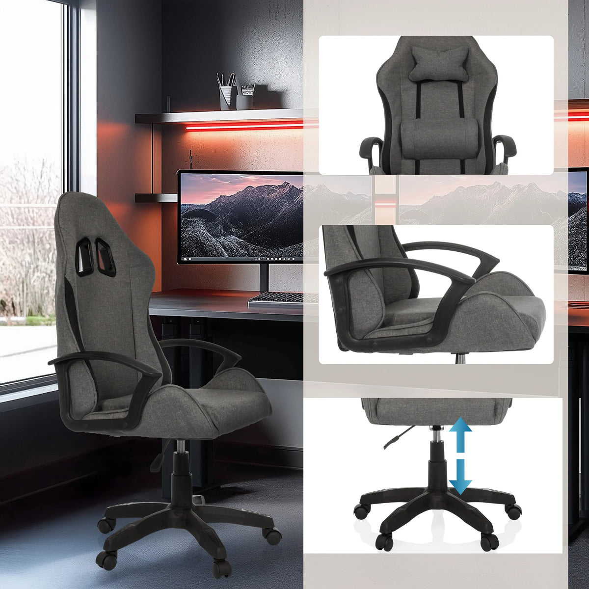 Silla gaming gris GAMEBREAKER W01 con reposacabezas, reposabrazos y base regulable en altura de MyBuero