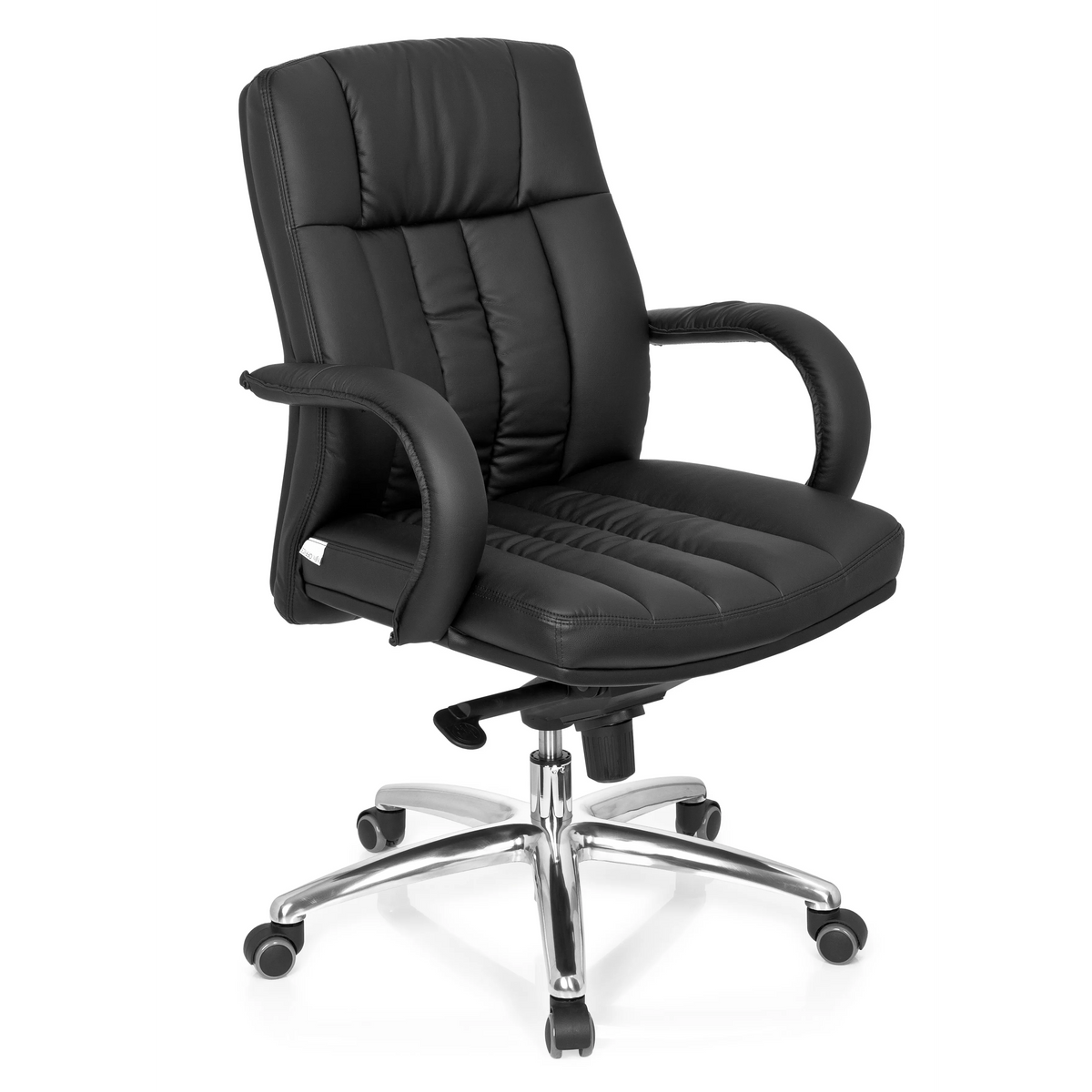 Schwarzer Drehstuhl XXL G 100 mit gesteppter Polsterung und Fußkreuz mit fünf Rollen von hjh OFFICE – 360-Grad-Ansicht (schräge Frontansicht 40°)