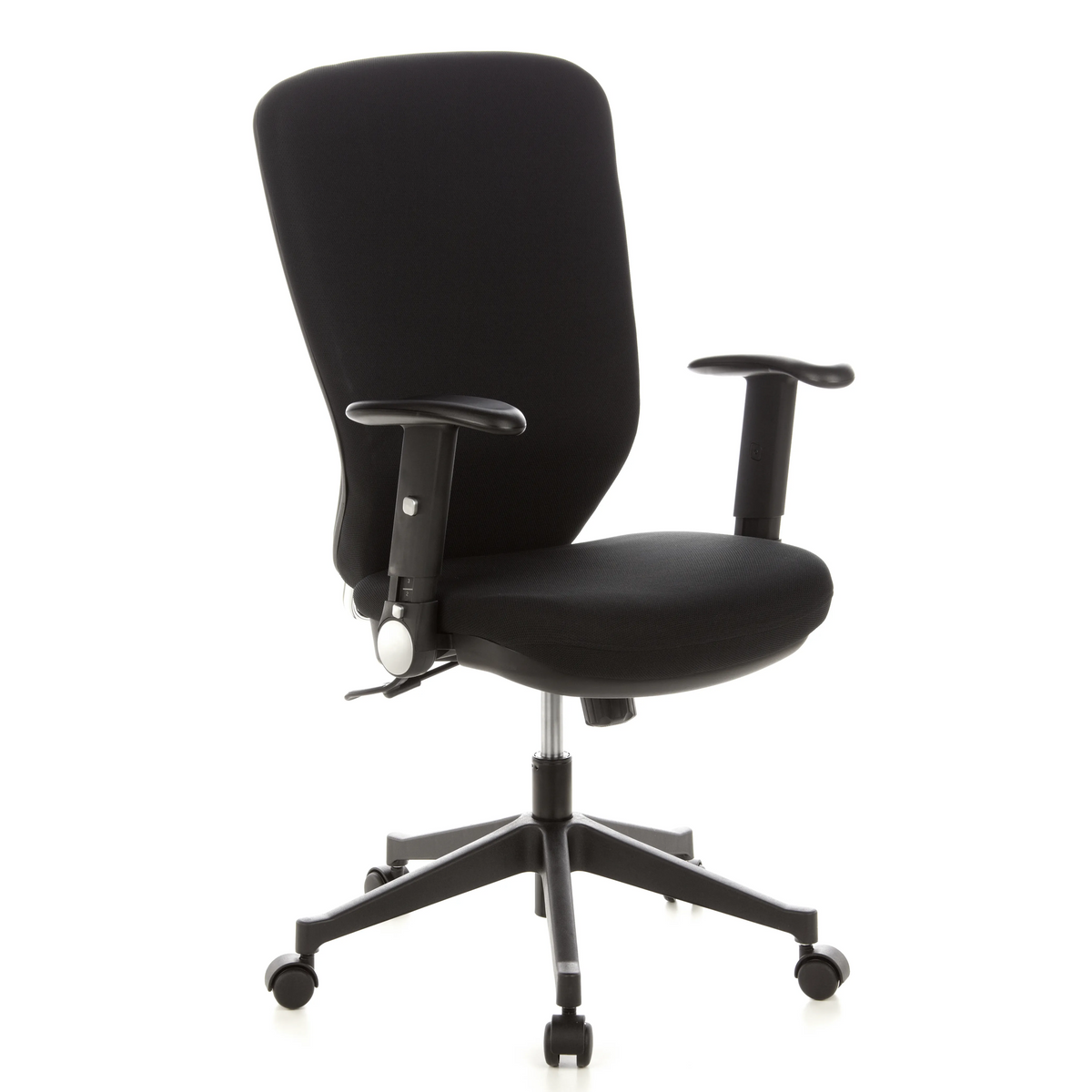 Silla de oficina profesional TRAFFIC 30 negra con reposabrazos y base de cinco ruedas de hjh OFFICE – vista de 360° (vista frontal en diagonal 40°)