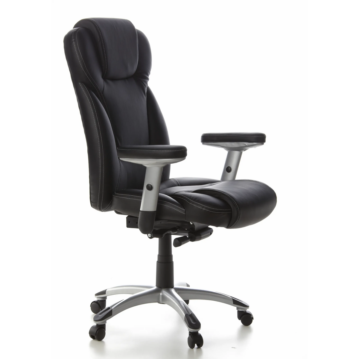 Sillón de oficina profesional EMBASSY 200 L negro con reposabrazos y base plateada de cinco ruedas de hjh OFFICE – vista de 360° (vista frontal en diagonal 60°)