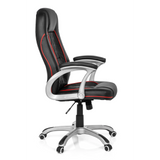 Silla gaming RELAX AB100 negra con costuras decorativas rojas, acolchado y base de cinco ruedas de MyBuero – vista de 360° (vista lateral 80°)