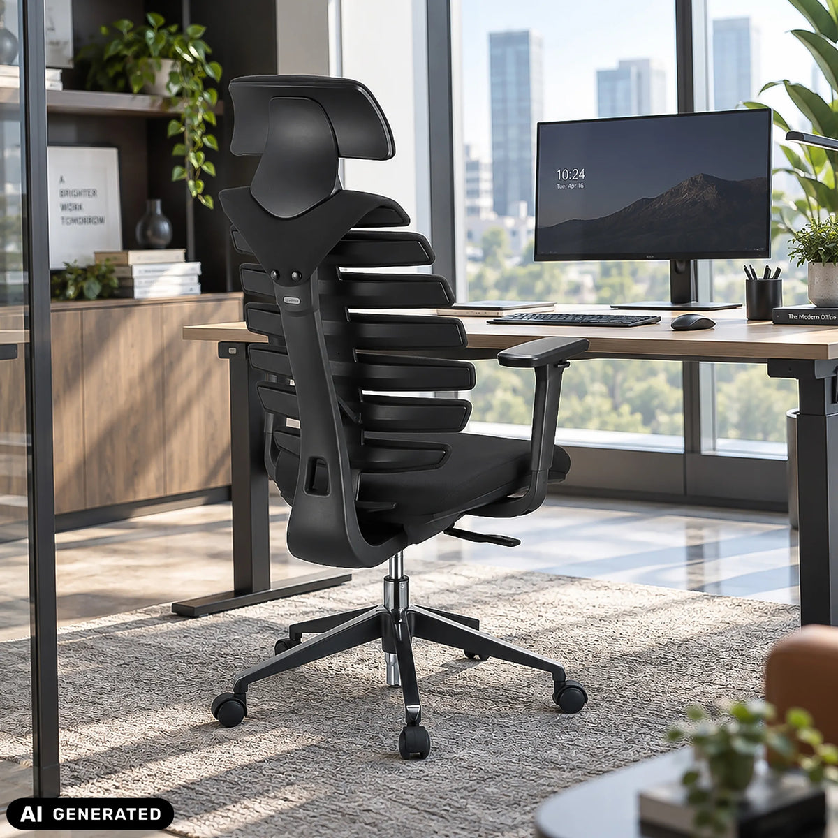 Silla de oficina profesional ERGO LINE II PRO negra con respaldo de malla y reposacabezas de hjh OFFICE (imagen generada por IA)