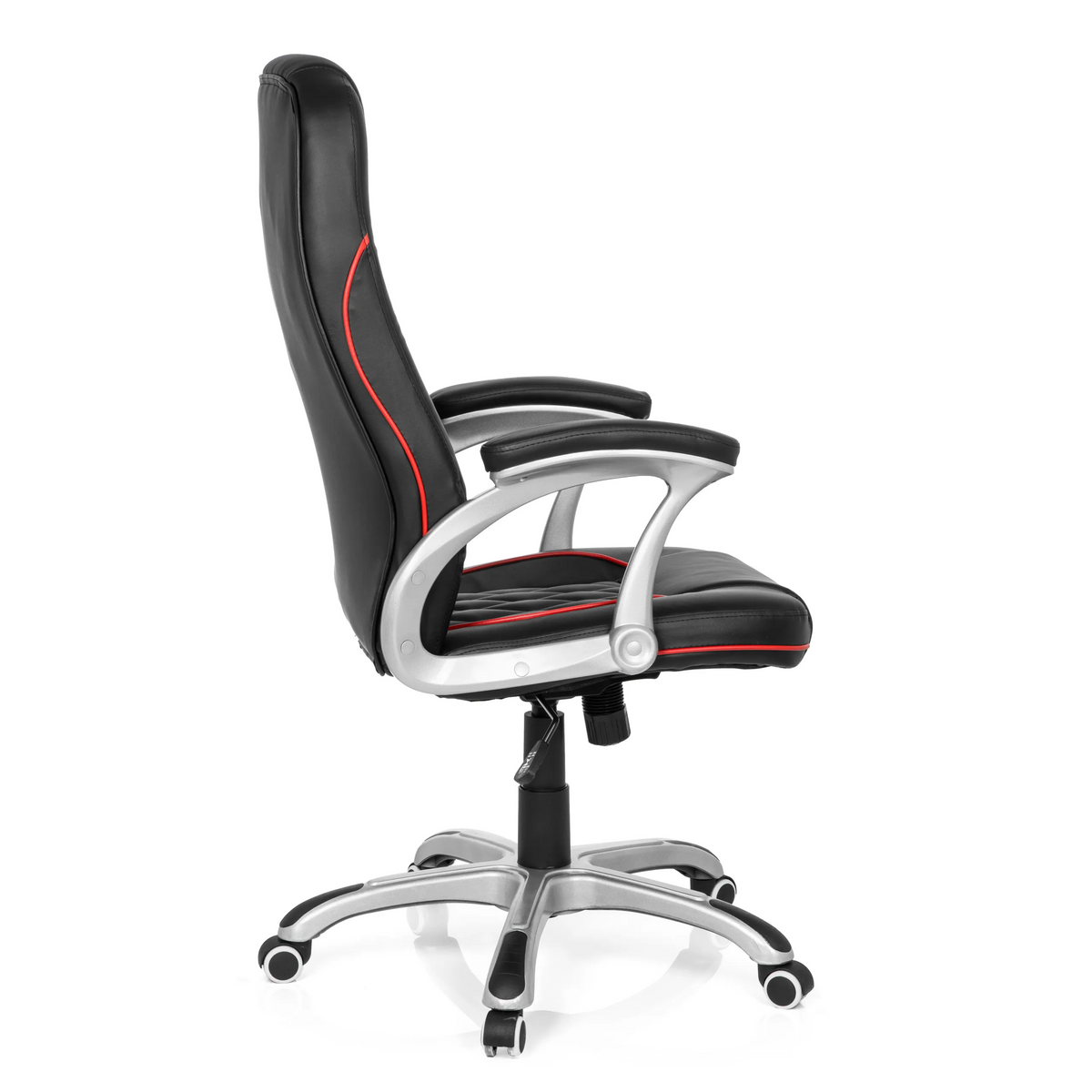 Silla gaming RELAX AB100 negra con costuras decorativas rojas, acolchado y base de cinco ruedas de MyBuero – vista de 360° (vista lateral 100°)