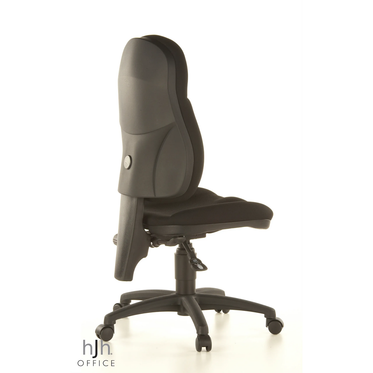 Silla Home Office WELLPOINT 10 negra con base de estrella y cinco ruedas de Topstar – vista de 360° (vista trasera en diagonal 120°)