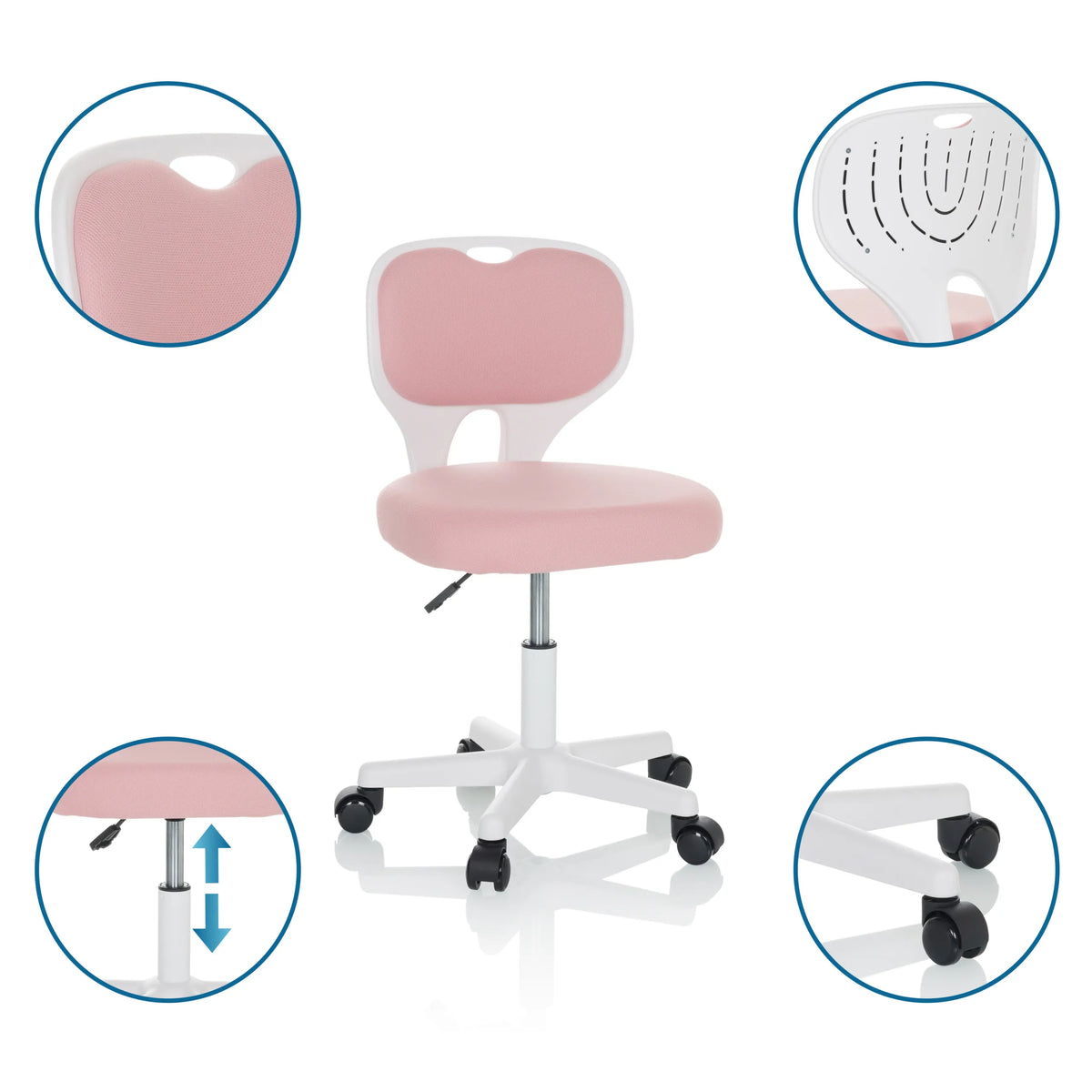 Silla giratoria para niños KIDDY TOP W en rosa con estructura blanca, ruedas y asiento regulable en altura de hjh OFFICE