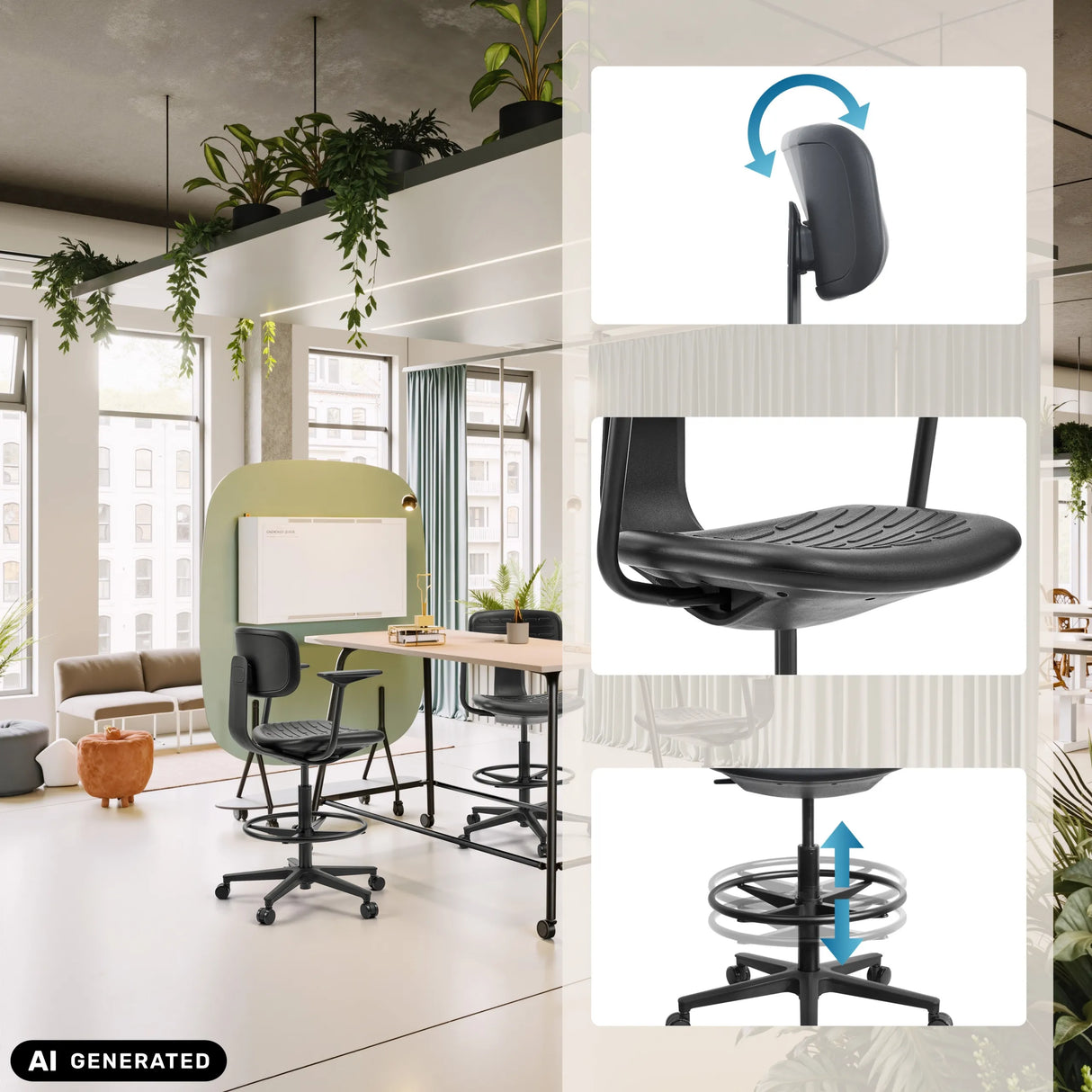 Detalles funcionales de la silla de mostrador TOP WORK B1 con reposapiés y altura ajustable de hjh OFFICE (imagen generada por IA)