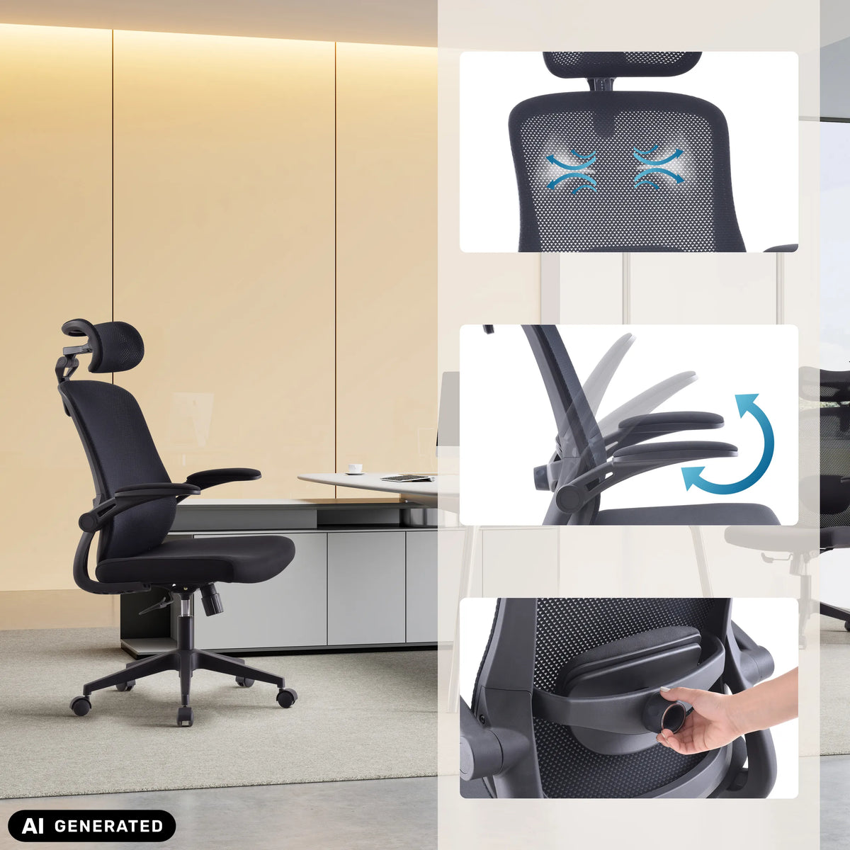 Silla Home Office Vertuflex con reposacabezas y reposabrazos ajustables en color negro de MyBuero (imagen generada por IA)