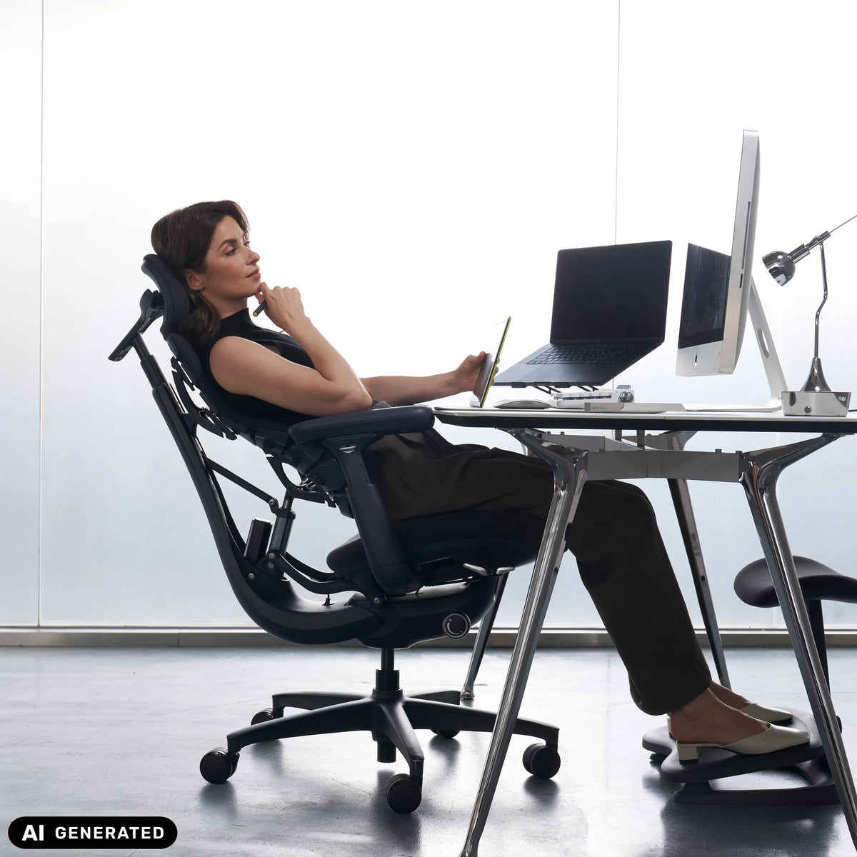 Silla alta gama LiberNovo Omni en color negro con reposapiés en un escritorio de Libernovo (imagen generada por IA)