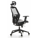 Silla de oficina profesional AIR-PORT negra con respaldo de malla, asiento de cuero y base de cinco ruedas de hjh OFFICE – vista de 360° (vista trasera en diagonal 120°)