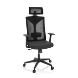 Silla de oficina profesional KODIAK negra con respaldo de malla, reposacabezas y base de cinco ruedas de hjh OFFICE – vista de 360° (vista frontal 20°)