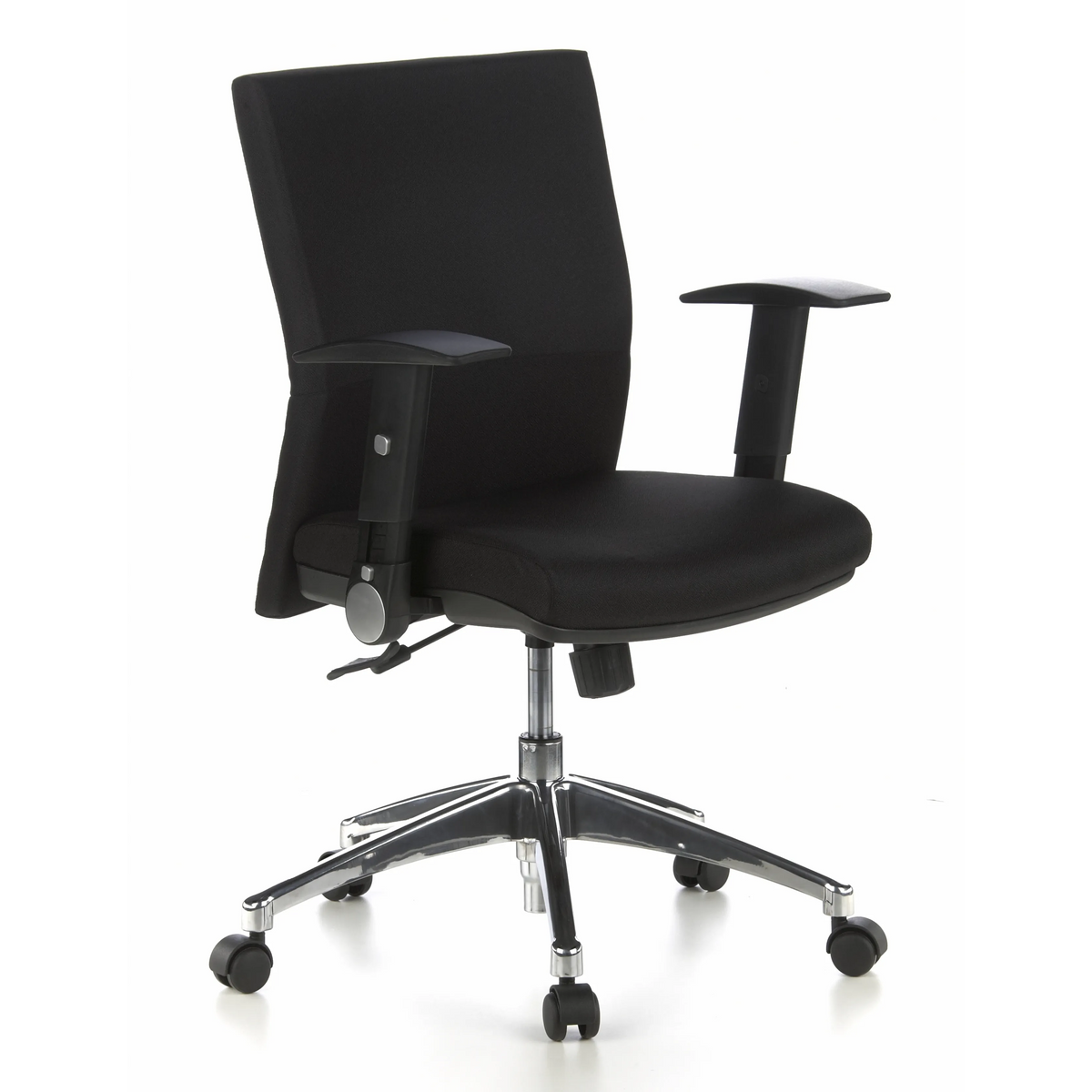 Silla de oficina profesional LAGUNA PRO negra con reposabrazos y base de cinco ruedas de hjh OFFICE – vista de 360° (vista frontal en diagonal 40°)