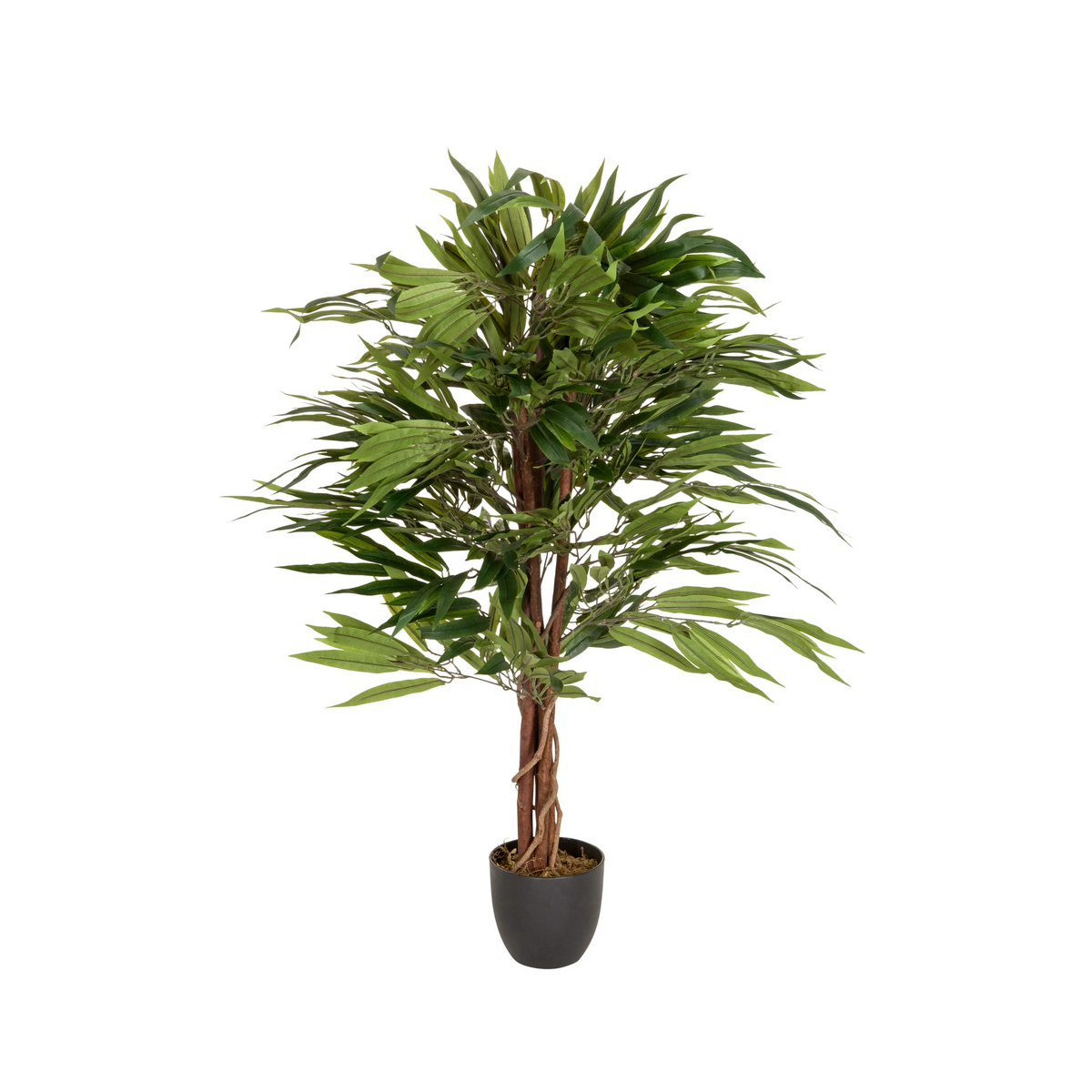 Planta artificial verde MANGO con tallo trenzado en una maceta negra de hjh OFFICE – vista de 360° (vista frontal 0°)