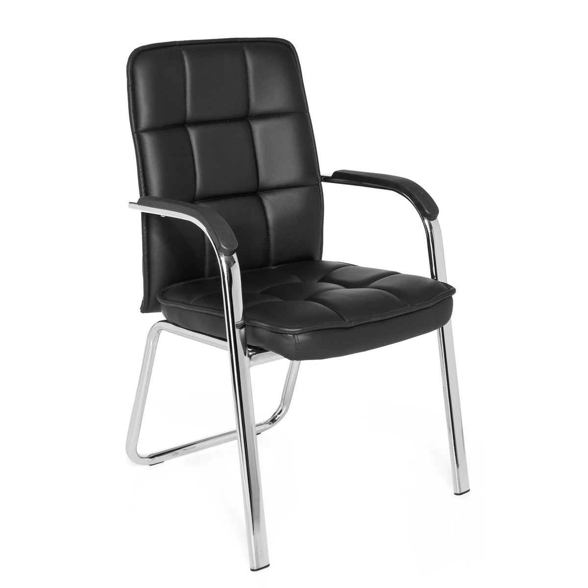 Silla de confidente negra BORNE con tapizado acolchado y estructura de patines de hjh OFFICE – vista de 360° (vista frontal en diagonal 40°)