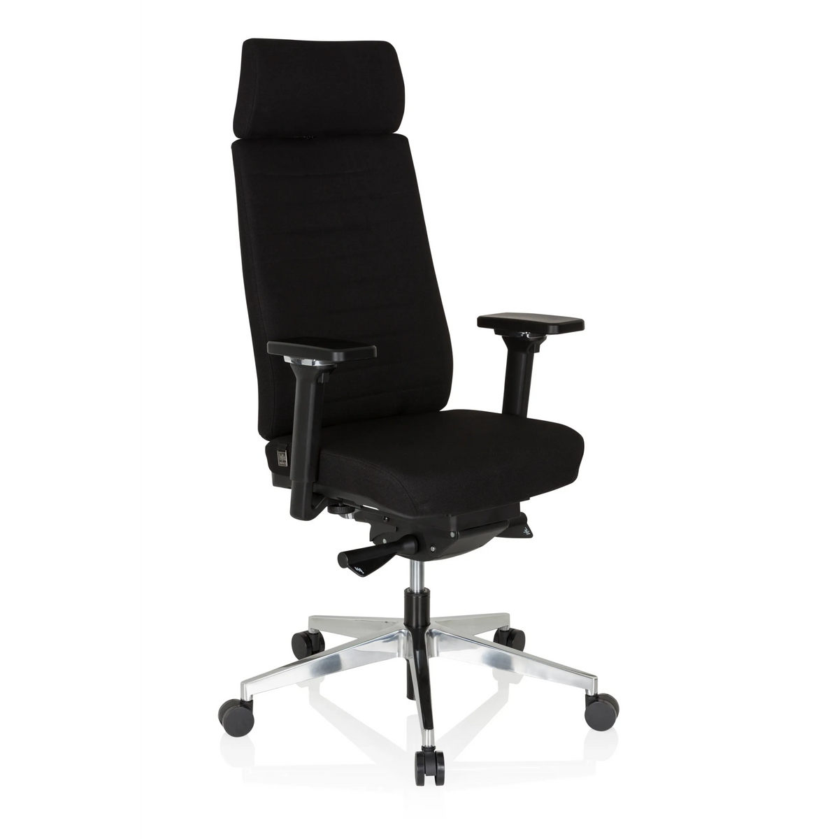 Silla de oficina profesional MOVE-TEC PRO 3D negra con reposacabezas y base de cinco ruedas de hjh OFFICE – vista de 360° (vista frontal en diagonal 40°)