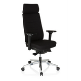 Silla de oficina profesional MOVE-TEC PRO 3D negra con reposacabezas y base de cinco ruedas de hjh OFFICE – vista de 360° (vista frontal en diagonal 40°)