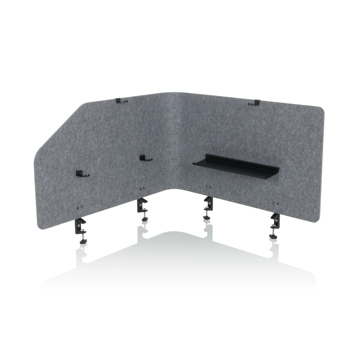 Separador de mesa FLEXMIUT T TOP gris con estante integrado y pinzas de fijación de hjh OFFICE – vista de 360° (vista frontal 0°)