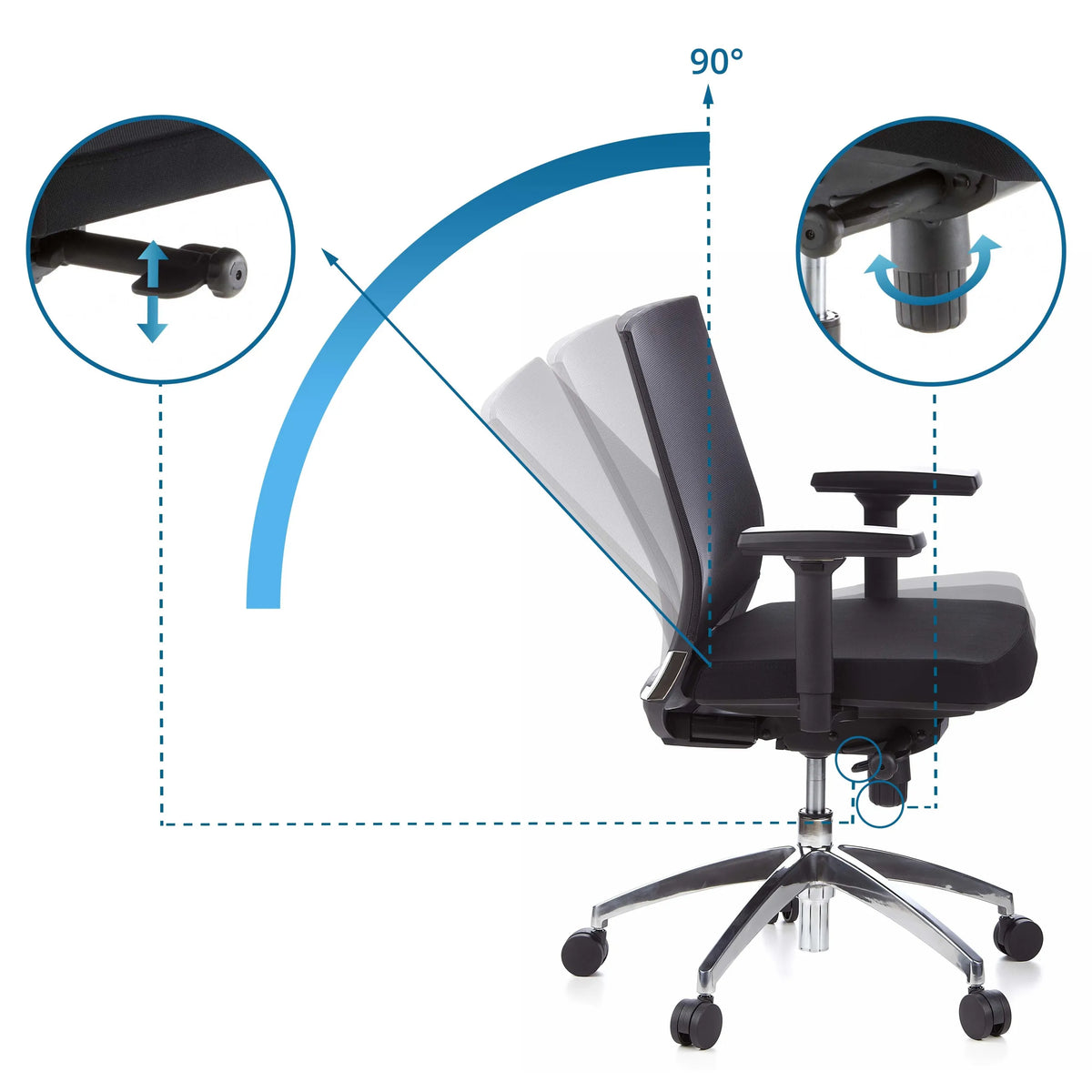 Ajuste de inclinación del respaldo hasta 90 grados de la Silla de oficina profesional PORTO PRO de hjh OFFICE