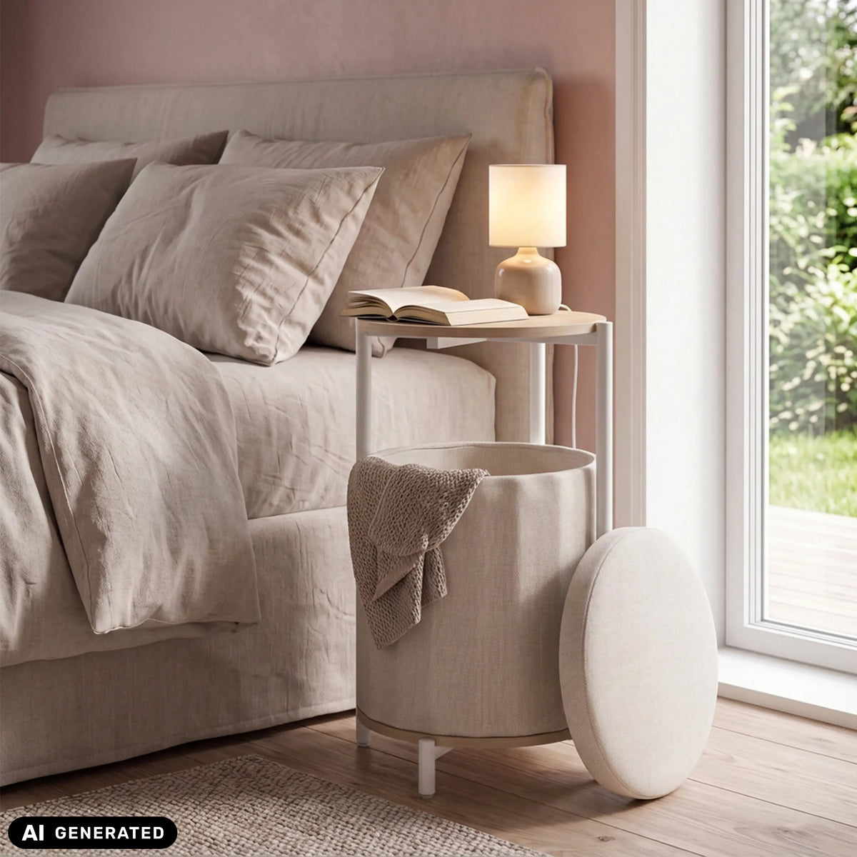 Mesa auxiliar Nestup 1 en blanco y roble junto a una cama de hjh LIVING (imagen generada por IA)