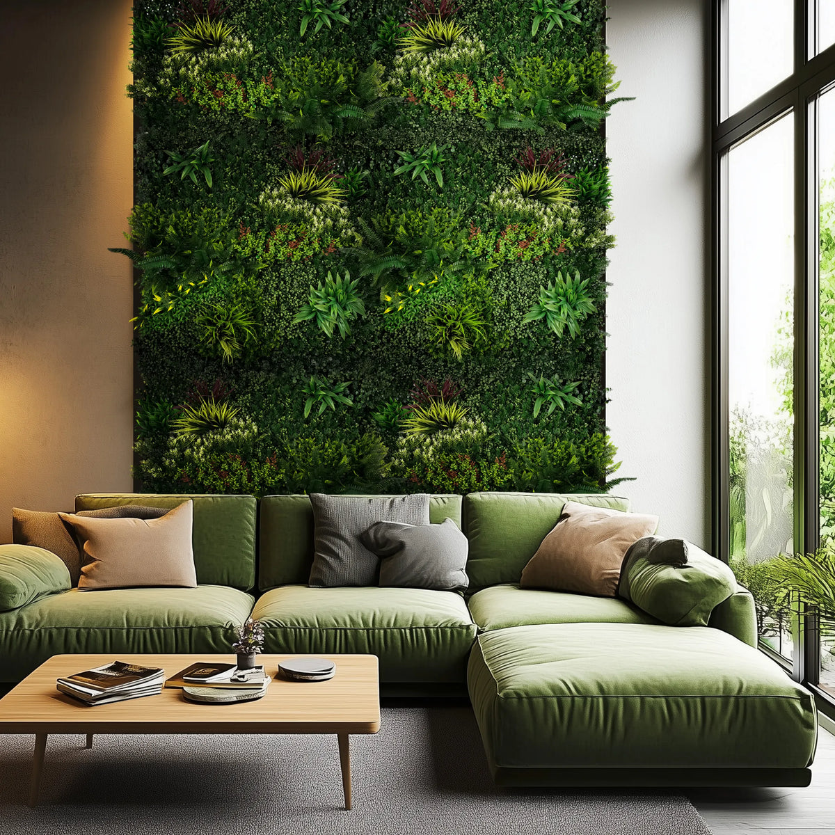 Estera vegetal verde LEAFLUXE 3D como jardín vertical en una sala de estar de hjh LIVING