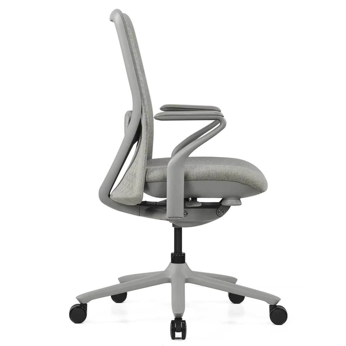 Silla alta gama VERVIO de color gris en vista lateral con base de ruedas y reposabrazos de hjh OFFICE