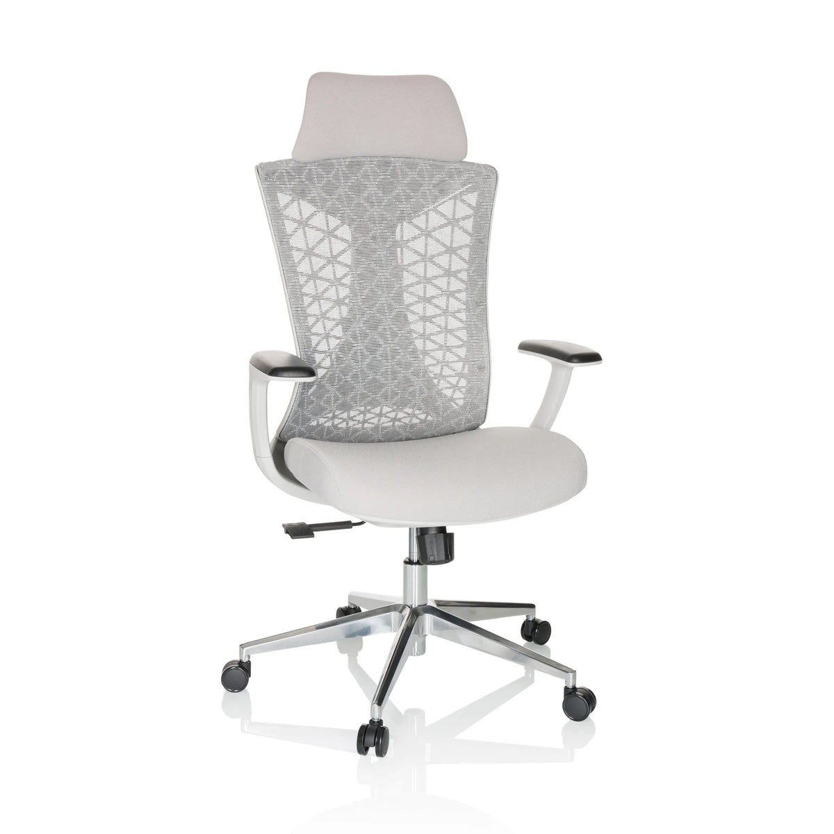 Silla de oficina profesional FALEO W gris con respaldo de malla y base de cinco ruedas de hjh OFFICE – vista de 360° (vista frontal 15°)