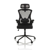 Silla de oficina profesional ARIGANO negra con respaldo de malla, reposacabezas y base de cinco ruedas de hjh OFFICE – vista de 360° (vista frontal 0°)