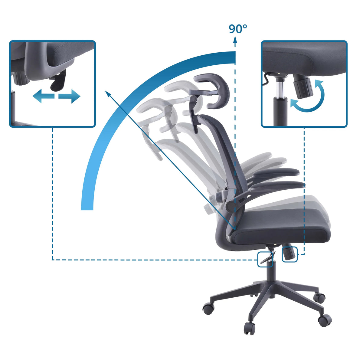 Respaldo ajustable con ángulo de inclinación de 90 grados de la Silla Home Office Vertuflex de MyBuero