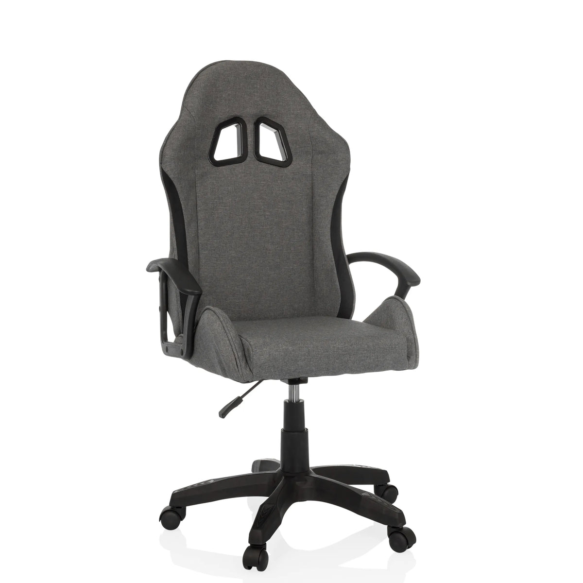 Silla gaming GAMEBREAKER W01 gris con dos aberturas para el reposacabezas y base de cinco ruedas de MyBuero – vista de 360° (vista frontal 15°)