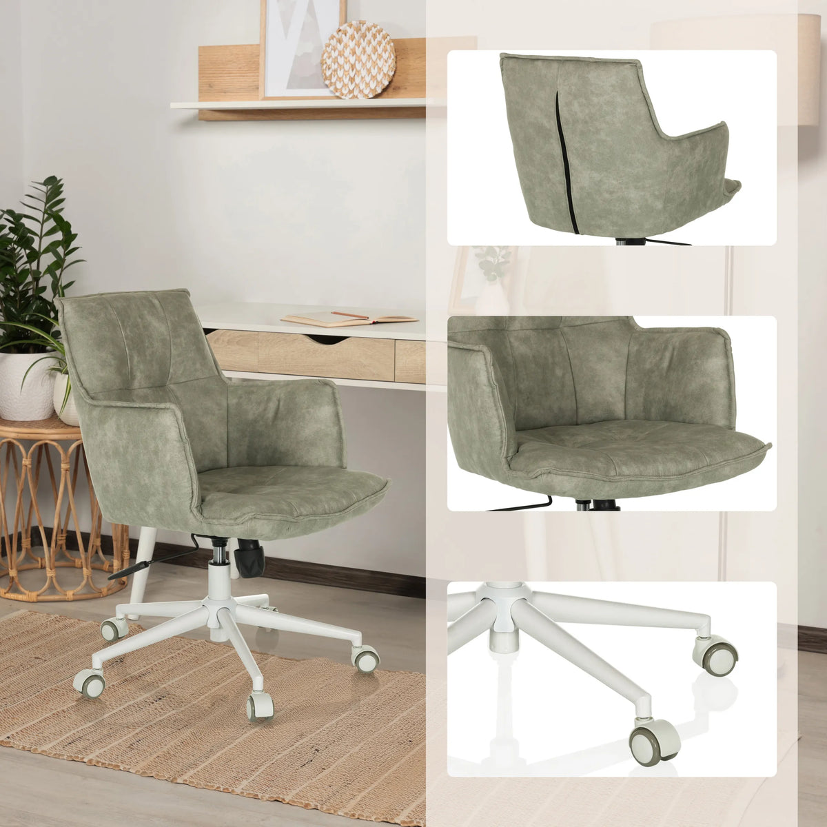 Silla Home Office SOLAO LIFE W gris con vistas detalladas del tapizado y base blanca con ruedas de hjh LIVING