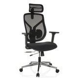 Silla alta gama CASSILIS B negra con respaldo de malla y base de cinco ruedas de hjh OFFICE – vista de 360° (vista frontal en diagonal 30°)