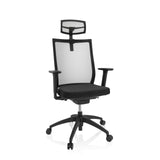 Silla de oficina profesional ASPEN PRO negra con respaldo de malla, reposacabezas y base de cinco ruedas de hjh OFFICE – vista de 360° (vista frontal 20°)
