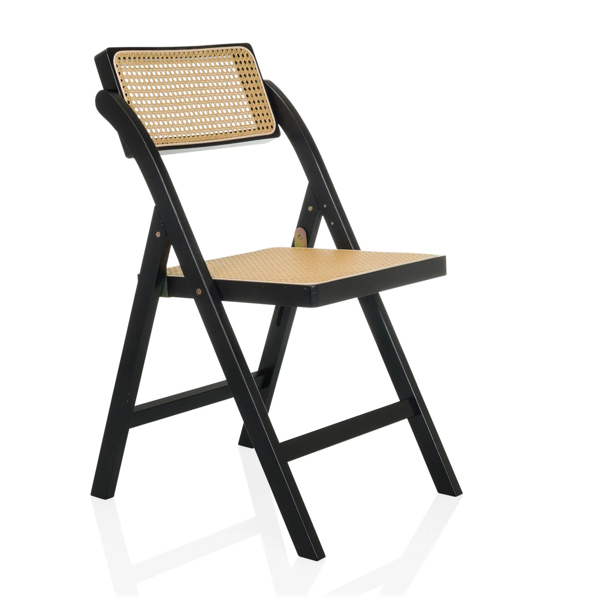 silla plegable TUDELA BAMBOO negra con asiento y respaldo de rejilla vienesa marrón de hjh LIVING – vista de 360° (vista frontal en diagonal 45°)